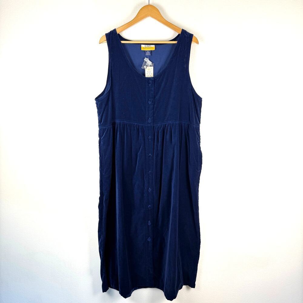Vintage 90s CST Sport Blue Velour Sleeveless Jumper Dress Women's 16 W Modest